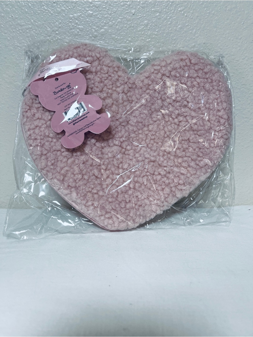 The Crème Shop Heart Shaped Teddy Bag Plush Makeup Bag in Pink